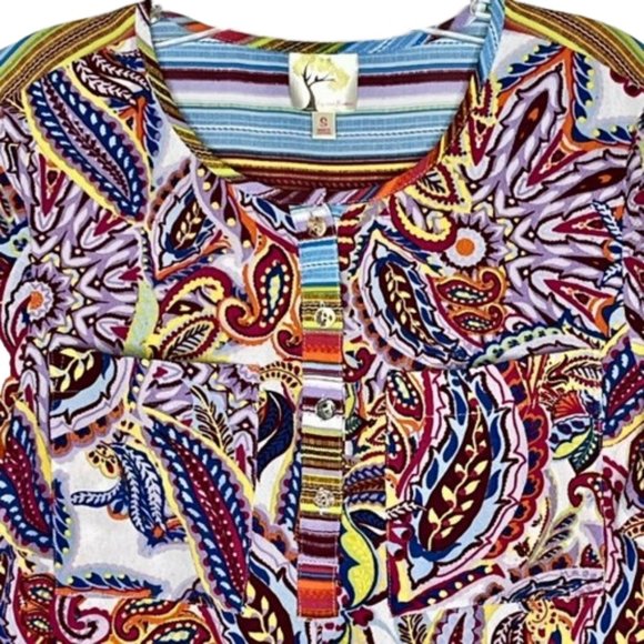 Fig & Flower Textured Paisley Striped Tunic - Red/Blue on White - S - Picture 3 of 10